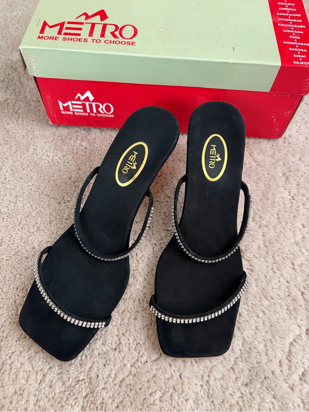Metro Black Heeled Sandals with Rhinestone Straps